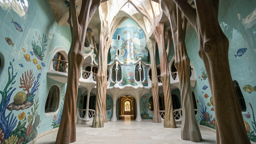 Interior atrium of Casa Batlló with marine-inspired tile work